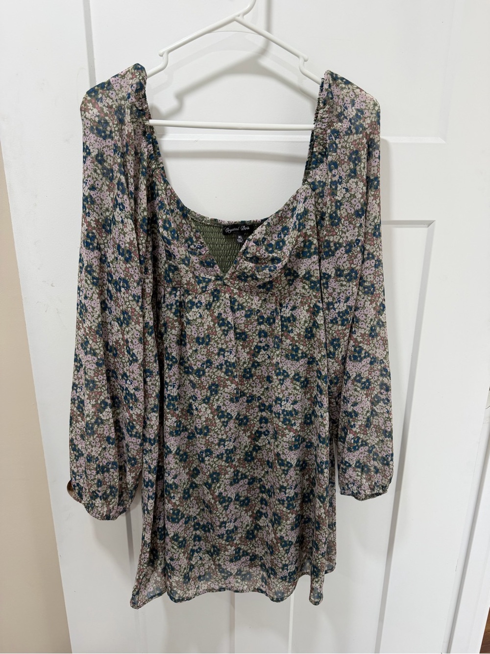 Crystal Doll Floral Long Sleeve Peasant Dress - Green & Pink